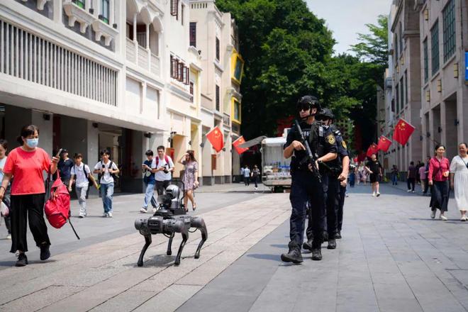 跨境ai智能机器狗【节日我在岗】科技赋能五一安保 警用机器狗步行街协同巡查(图2)