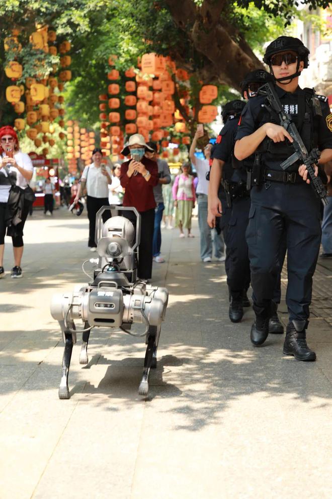 跨境ai智能机器狗【节日我在岗】科技赋能五一安保 警用机器狗步行街协同巡查(图4)